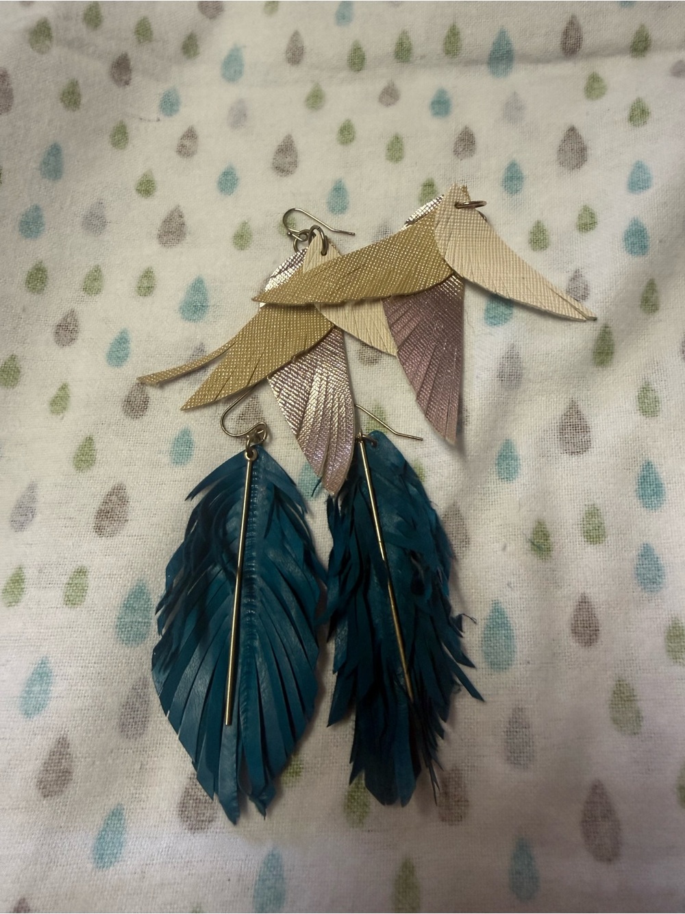 Gold and Teal Layered Feather Drop Earrings